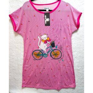 Misses Medium Cute Cat Bicycle Print Pink Pinstriped T Shirt Dress S.Christina
